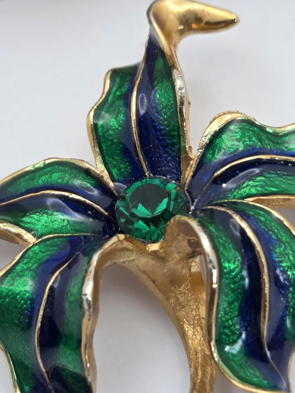 Vintage 3D Enamel Orchid Flower Brooch Blue Green Rhinestone Dimensional Pin